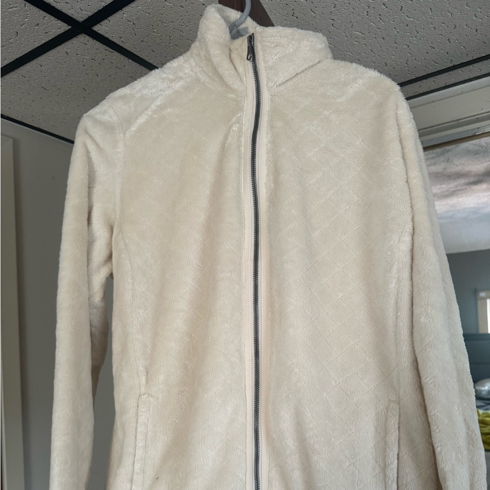 white fuzzy full zip up. White size large. Smoke free